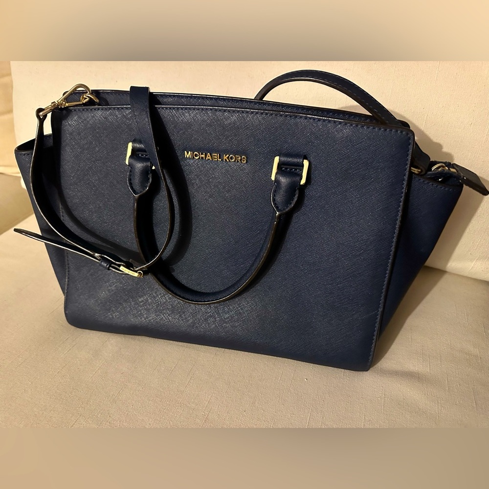 Michael Kors Dark Blue Saffiano Leather Medium Selma Satchel